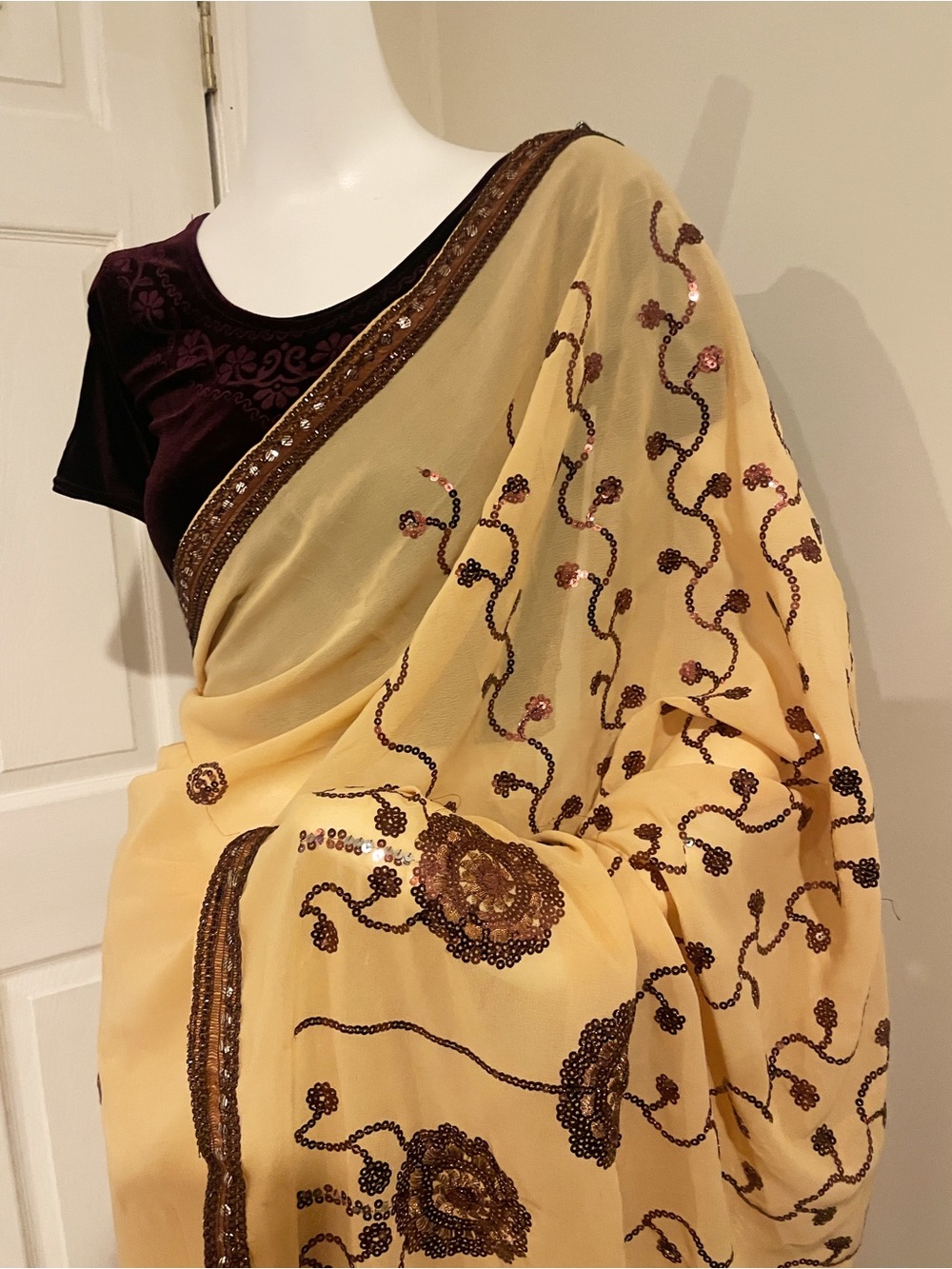 Light yellow and Brown Embellished Saree with Sequined Floral Motifs